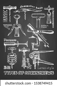 Poster with corkscrews types. Illustration of corkscrew in ink hand drawn style on chalkboard background.