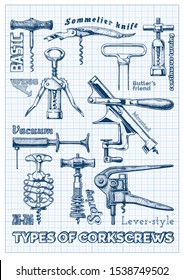 Poster with corkscrews types. Illustration of corkscrew in ink hand drawn style on graph paper background.