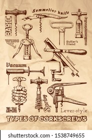 Poster with corkscrews types. Illustration of corkscrew in ink hand drawn style on crumpled paper.