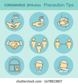 Poster Coronavirus covid-19 Precaution Tips. Global epidemic 2019-nCov. Virus wuhan from china. Set vector illustration of warning signs