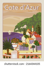 Poster Cote de l azur French Riviera coast vintage. Resort, coast, sea, beach. Retro style illustration vector