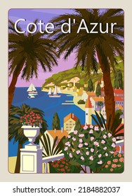 Poster Cote de l azur French Riviera coast vintage. Resort, French Riviera Nice coast poster vintage.Resort, coast, sea, beach. Retro style illustration vector isolated