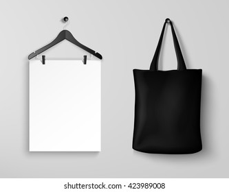 Poster and Cotton black textile bag holding mockup