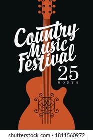 Poster for a country music festival with a brown guitar and white calligraphic inscription on the black background in retro style. Vector flyer, banner, invitation, playbill