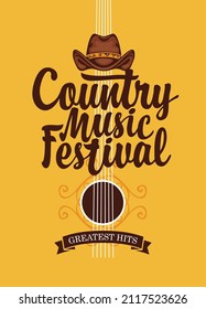 Afiche de un festival de música country con sombrero de vaquero marrón e inscripción caligráfica sobre el fondo de la guitarra amarilla. Adecuado para banner, playbill, volante, invitación, portada en estilo retro