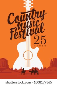 Poster For A Country Music Festival With A Guitar And Inscription On The Background Of Western Landscape. Vector Flyer, Banner, Invitation On The Theme Of The Wild West With American Prairies