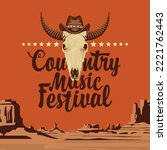Poster for a country music festival with a skull of bull in cowboy hat and an inscription on the background of Wild west landscape. Vector banner suitable for flyer, cd disk cover, vinyl records
