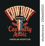 Poster for country music festival with skull of bull with flag USA and an inscription cowboy club restaurant. Vector banner suitable for flyer, cd disk cover, vinyl records