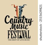 Poster for country music festival with skull of bull with flag USA. Vector banner suitable for flyer, cd disk cover, vinyl records