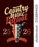 Poster for country music festival with skull of bull with flag USA. Vector banner suitable for flyer, cd disk cover, vinyl records