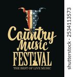 Poster for country music festival with skull of bull with flag USA. Vector banner suitable for flyer, cd disk cover, vinyl records