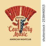 Poster for country music festival with skull of bull with flag USA and an inscription cowboy club restaurant. Vector banner suitable for flyer, cd disk cover, vinyl records