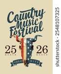 Poster for country music festival with skull of bull with flag USA. Vector banner suitable for flyer, cd disk cover, vinyl records
