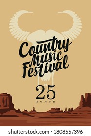 Poster for a country music festival with a skull of bull and an inscription on the background of Wild west landscape. Vector banner with hot American prairies, suitable for flyer, banner, invitation