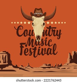 Afiche de un festival de música country con un cráneo de toro con sombrero de vaquero y una inscripción sobre el fondo del paisaje del Lejano Oeste. Banner vectorial adecuado para volante, cubierta de disco cd, registros de vinilo