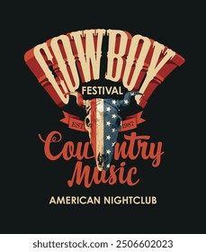 Poster for country music festival with skull of bull with flag USA and an inscription cowboy club restaurant. Vector banner suitable for flyer, cd disk cover, vinyl records