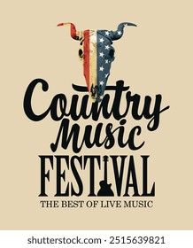 Poster for country music festival with skull of bull with flag USA. Vector banner suitable for flyer, cd disk cover, vinyl records