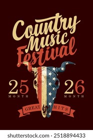 Afiche para festival de música country con calavera de toro con bandera de Estados Unidos. Anuncio de Vector conveniente para el volante, cubierta del disco del CD, discos de vinilo