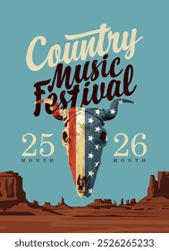 Afiche para festival de música country con calavera de toro con bandera de Estados Unidos y una inscripción sobre el fondo del paisaje del oeste salvaje para un restaurante de club de vaqueros. Anuncio de Vector con praderas calientes estadounidenses