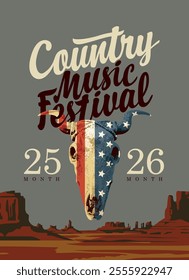 Poster for country music festival with skull of bull with flag USA and an inscription on background of Wild west landscape for a cowboy club restaurant. Vector banner with hot American prairies