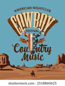 Cartaz de música country com crânio de touro com bandeira dos EUA e uma inscrição no fundo da paisagem de Wild west para um restaurante de clube de cowboy. Banner vetorial com as pradarias americanas quentes