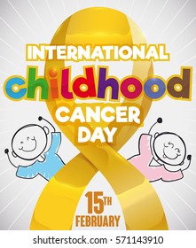 Poster with a couple of cute children in doodle style behind a golden lace remembering at you the importance in prevention and fight in the International Childhood Cancer Day in February 15.