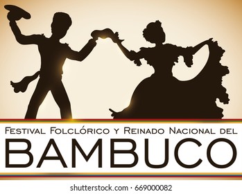 Poster with couple dancing at the sunset in traditional colombian Bambuco Pageant and Folkloric Festival celebration (written in Spanish).