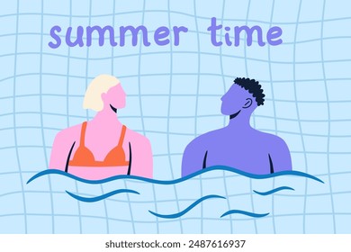 Poster with couple spend summer vacation at swimming pool. Summer time lettering. Vector illustration for card, background, discount flyer. 