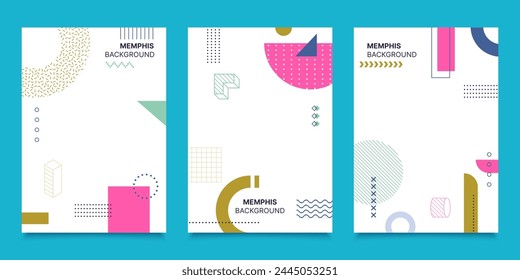 Poster or cover background, Memphis modern geometric design with abstract shapes. Vibrant vector vertical card templates, dynamic visual compositions with bold playful patterns and bright colors