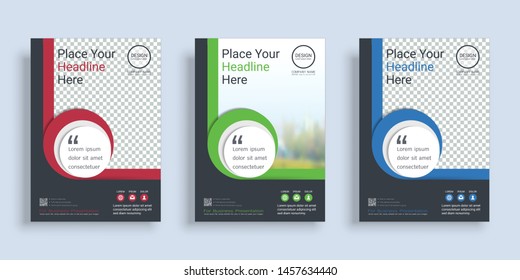 Poster cover book design template in A4 layout with space for photo background, 3 Color ways included, Use for annual report, proposal, portfolio, brochure, flyer, leaflet, catalog, magazine, booklet.