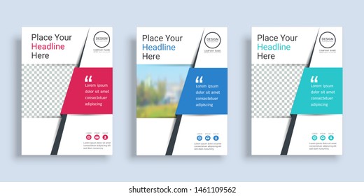 Poster cover book design template in A4 layout with space for photo background, 3 Color ways included, Use for annual report, proposal, portfolio, brochure, flyer, leaflet, catalog, magazine, booklet.