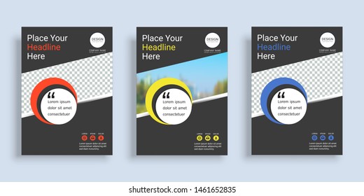 Poster cover book design template in A4 layout with space for photo background, 3 Color ways included, Use for annual report, proposal, portfolio, brochure, flyer, leaflet, catalog, magazine, booklet.