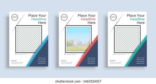 Poster cover book design template in A4 layout with space for photo background, 3 Color ways included, Use for annual report, proposal, portfolio, brochure, flyer, leaflet, catalog, magazine, booklet.
