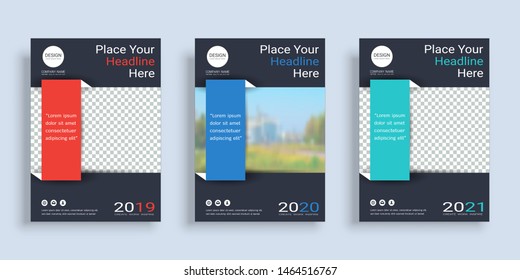 Poster cover book design template in A4 layout with space for photo background, 3 Color ways included, Use for annual report, proposal, portfolio, brochure, flyer, leaflet, catalog, magazine, booklet.