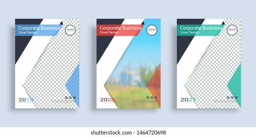 Poster cover book design template in A4 layout with space for photo background, 3 Color ways included, Use for annual report, proposal, portfolio, brochure, flyer, leaflet, catalog, magazine, booklet.