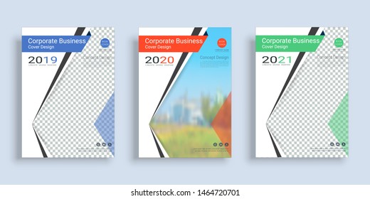 Poster cover book design template in A4 layout with space for photo background, 3 Color ways included, Use for annual report, proposal, portfolio, brochure, flyer, leaflet, catalog, magazine, booklet.