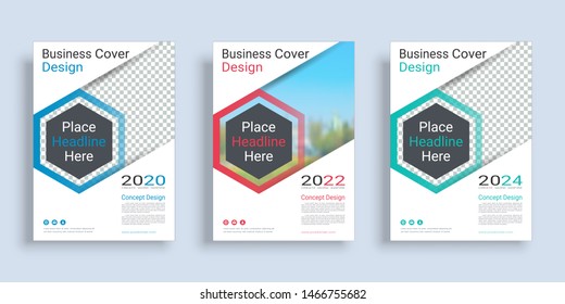 Poster cover book design template in A4 layout with space for photo background, 3 Color ways included, Use for annual report, proposal, portfolio, brochure, flyer, leaflet, catalog, magazine, booklet.