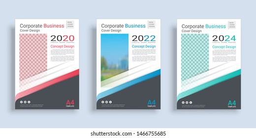Poster cover book design template in A4 layout with space for photo background, 3 Color ways included, Use for annual report, proposal, portfolio, brochure, flyer, leaflet, catalog, magazine, booklet.