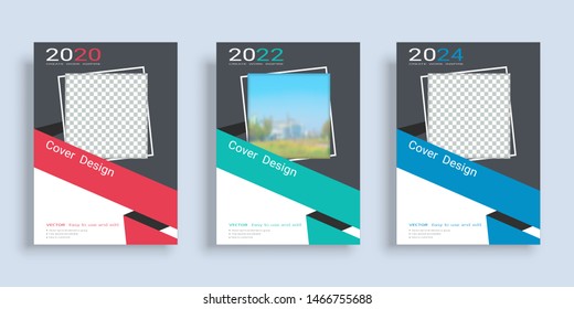 Poster cover book design template in A4 layout with space for photo background, 3 Color ways included, Use for annual report, proposal, portfolio, brochure, flyer, leaflet, catalog, magazine, booklet.