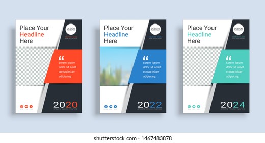 Poster cover book design template in A4 layout with space for photo background, 3 Color ways included, Use for annual report, proposal, portfolio, brochure, flyer, leaflet, catalog, magazine, booklet.