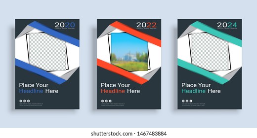 Poster cover book design template in A4 layout with space for photo background, 3 Color ways included, Use for annual report, proposal, portfolio, brochure, flyer, leaflet, catalog, magazine, booklet.