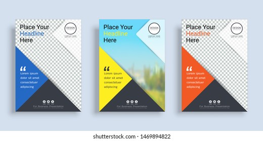 Poster cover book design template in A4 layout with space for photo background, 3 Color ways included, Use for annual report, proposal, portfolio, brochure, flyer, leaflet, catalog, magazine, booklet.