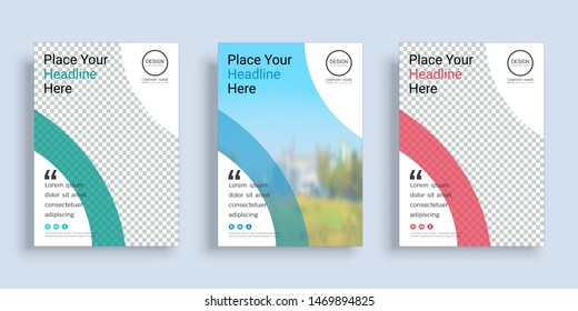 Poster Cover Book Design Template In A4 Layout With Space For Photo Background, 3 Color Ways Included, Use For Annual Report, Proposal, Portfolio, Brochure, Flyer, Leaflet, Catalog, Magazine, Booklet.