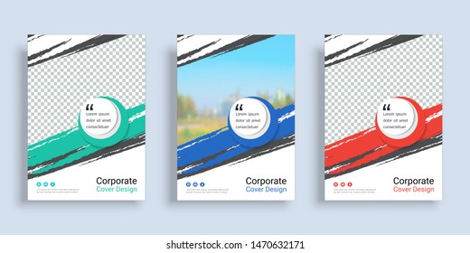 Poster cover book design template in A4 layout with space for photo background, 3 Color ways included, Use for annual report, proposal, portfolio, brochure, flyer, leaflet, catalog, magazine, booklet.