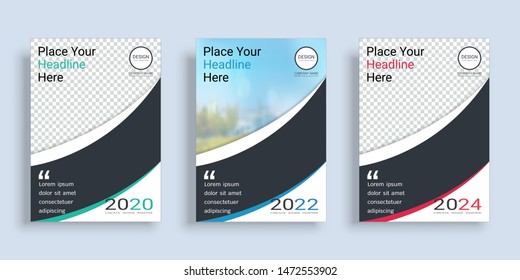 Poster cover book design template in A4 layout with space for photo background, 3 Color ways included, Use for annual report, proposal, portfolio, brochure, flyer, leaflet, catalog, magazine, booklet.