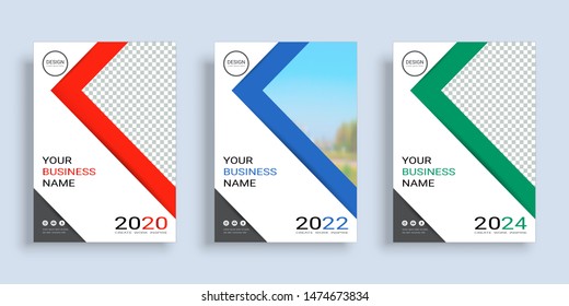 Poster cover book design template in A4 layout with space for photo background, 3 Color ways included, Use for annual report, proposal, portfolio, brochure, flyer, leaflet, catalog, magazine, booklet.