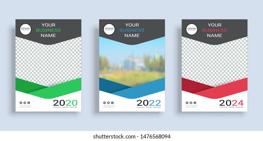 Poster cover book design template in A4 layout with space for photo background, 3 Color ways included, Use for annual report, proposal, portfolio, brochure, flyer, leaflet, catalog, magazine, booklet.