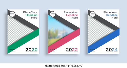 Poster cover book design template in A4 layout with space for photo background, 3 Color ways included, Use for annual report, proposal, portfolio, brochure, flyer, leaflet, catalog, magazine, booklet.
