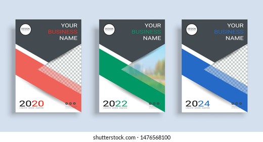 Poster cover book design template in A4 layout with space for photo background, 3 Color ways included, Use for annual report, proposal, portfolio, brochure, flyer, leaflet, catalog, magazine, booklet.