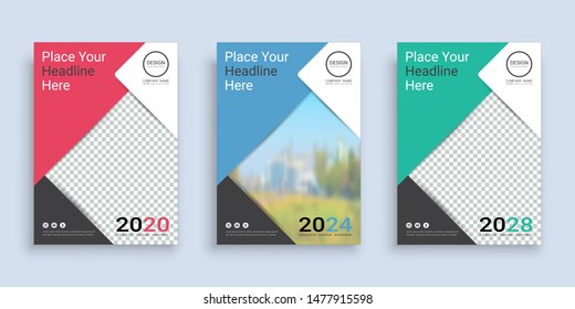 Poster cover book design template in A4 layout with space for photo background, 3 Color ways included, Use for annual report, proposal, portfolio, brochure, flyer, leaflet, catalog, magazine, booklet.